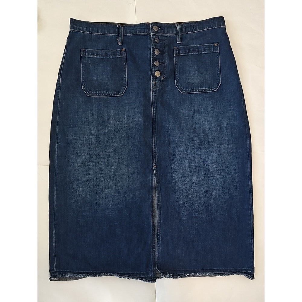 Gap Denim Midi Skirt Dark Wash Button Front Raw Hem Size 33 Womens Blue Pockets